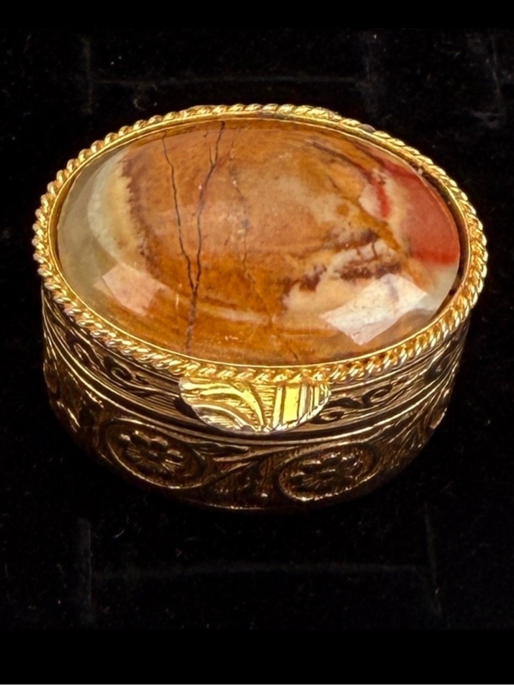 Vintage Gold Tone Ornate Hinged Trinket Pill Box Domed Stone Cabochon
